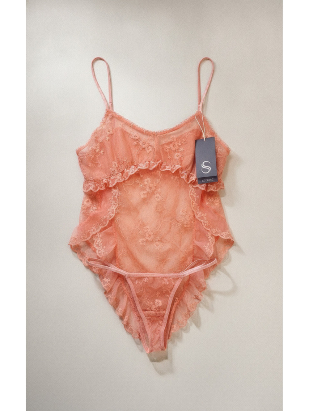 Women's Lingerie 2pc Set Matching Peach Lace Thong Camisole Cute Floral Lounge